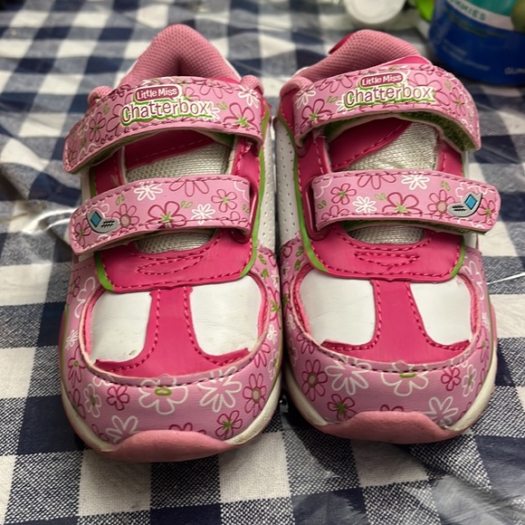 Gently Used LITTLE MISS CHATTERBOX MR MEN sneakers size 8 pink/white/green - Picture 2 of 5